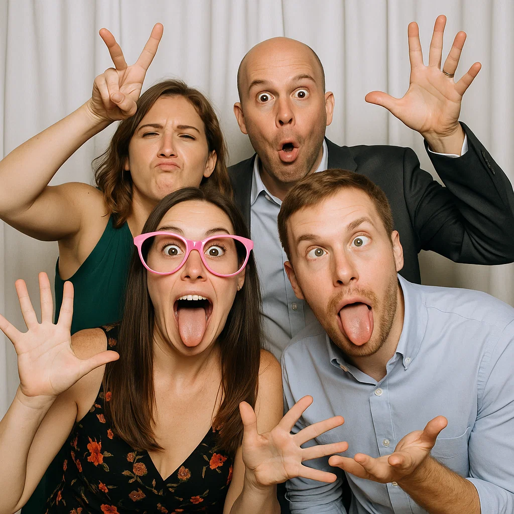 Guests strike silly props in cosmic photo booth rental by Party Pros East Coast