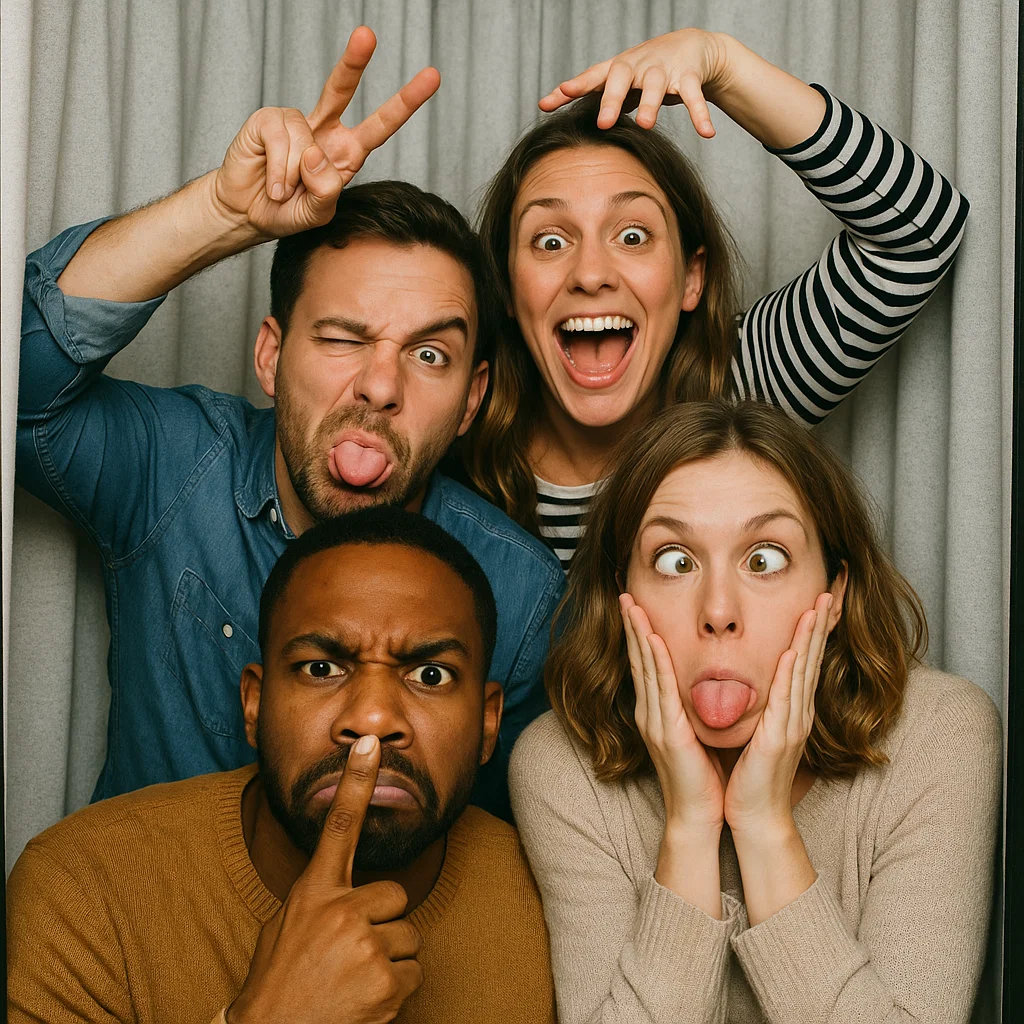 Guests strike neon wigs in garden photo booth rental by Party Pros East Coast