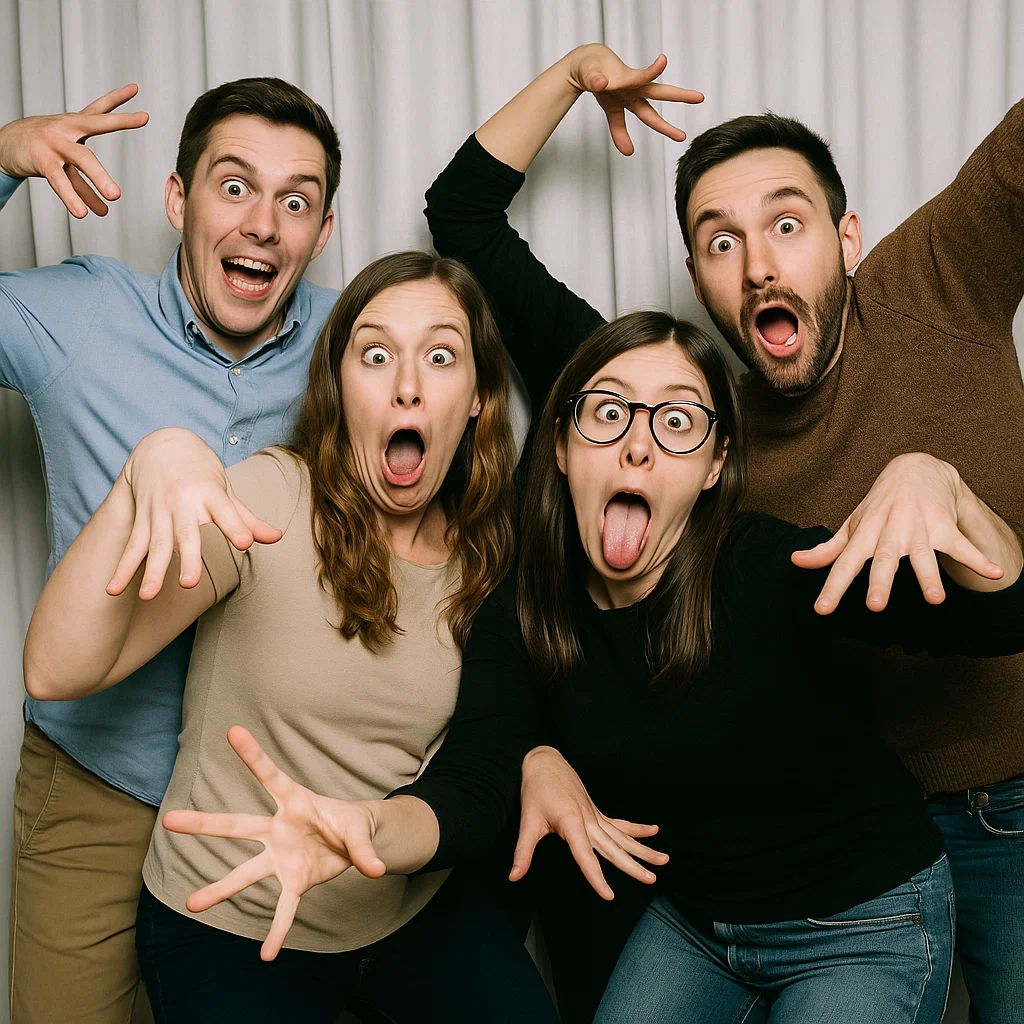 Guests strike peace signs in graduation photo booth rental by Party Pros East Coast
