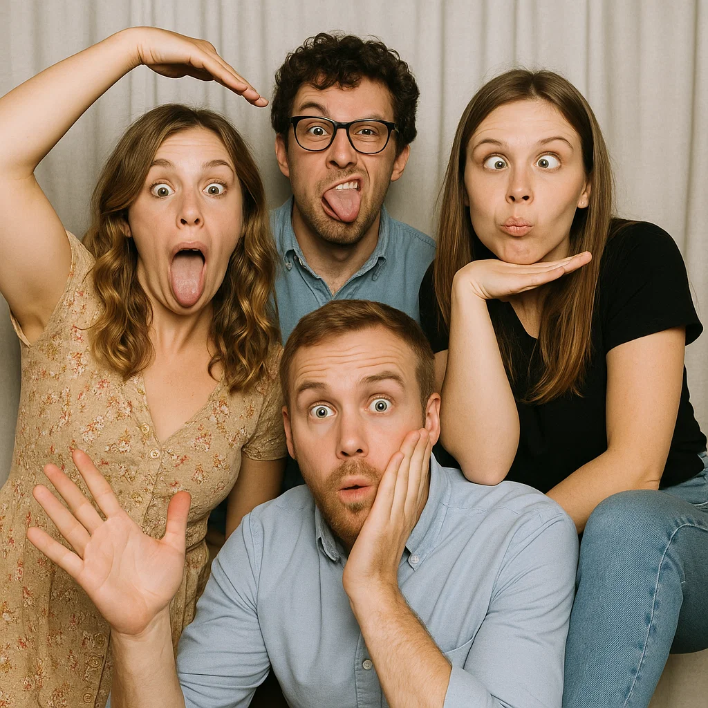 Guests strike silly props in team-building photo booth rental by Party Pros East Coast