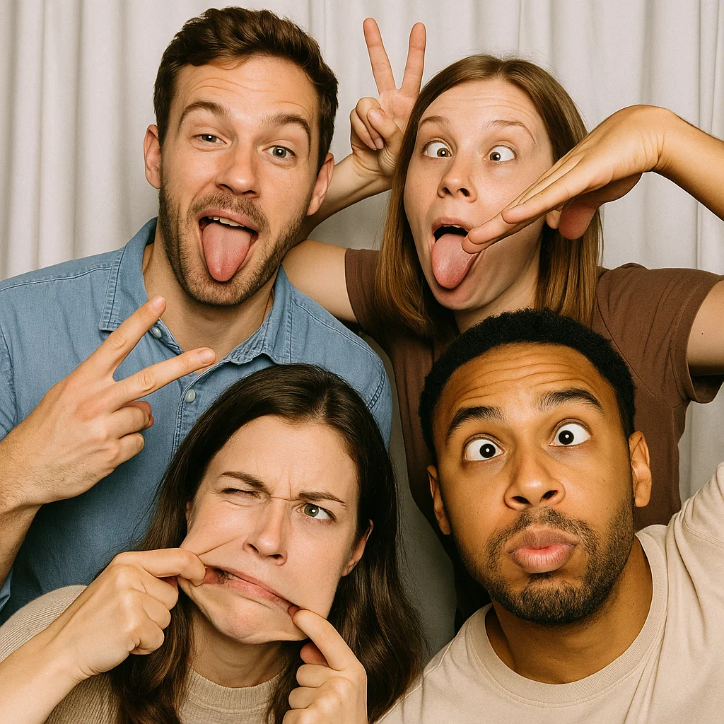 Guests strike giant sunglasses in trade show photo booth rental by Party Pros East Coast