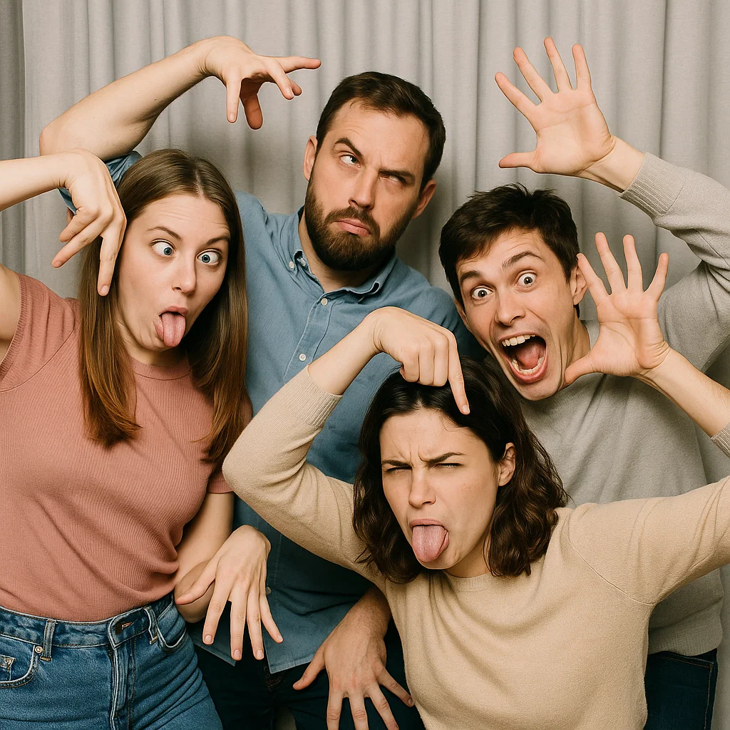 Guests strike heart hands in selfie station photo booth rental by Party Pros East Coast