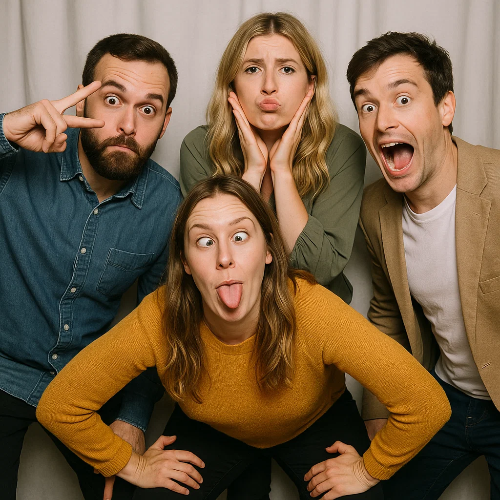 Guests strike jumping mid-air in vintage photo booth rental by Party Pros East Coast