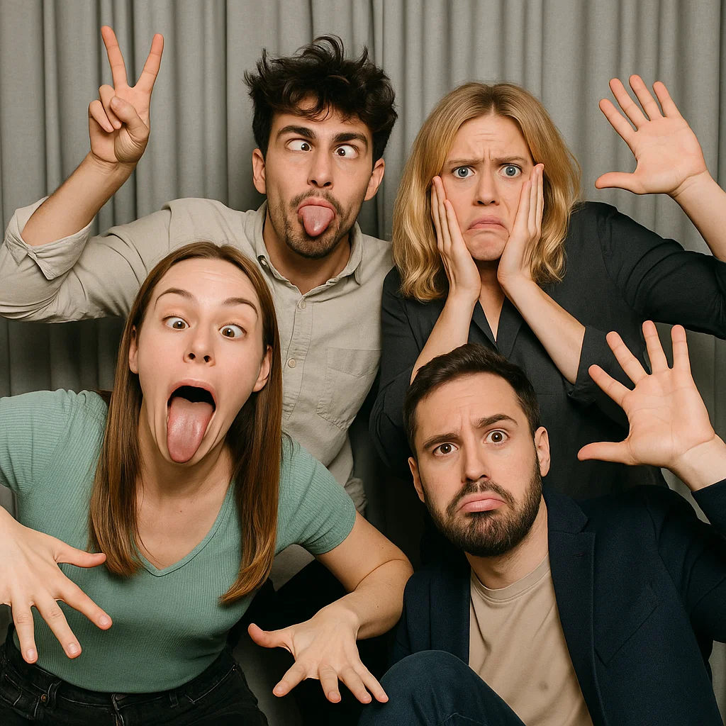 Guests strike hugging friends in neon-lit photo booth rental by Party Pros East Coast