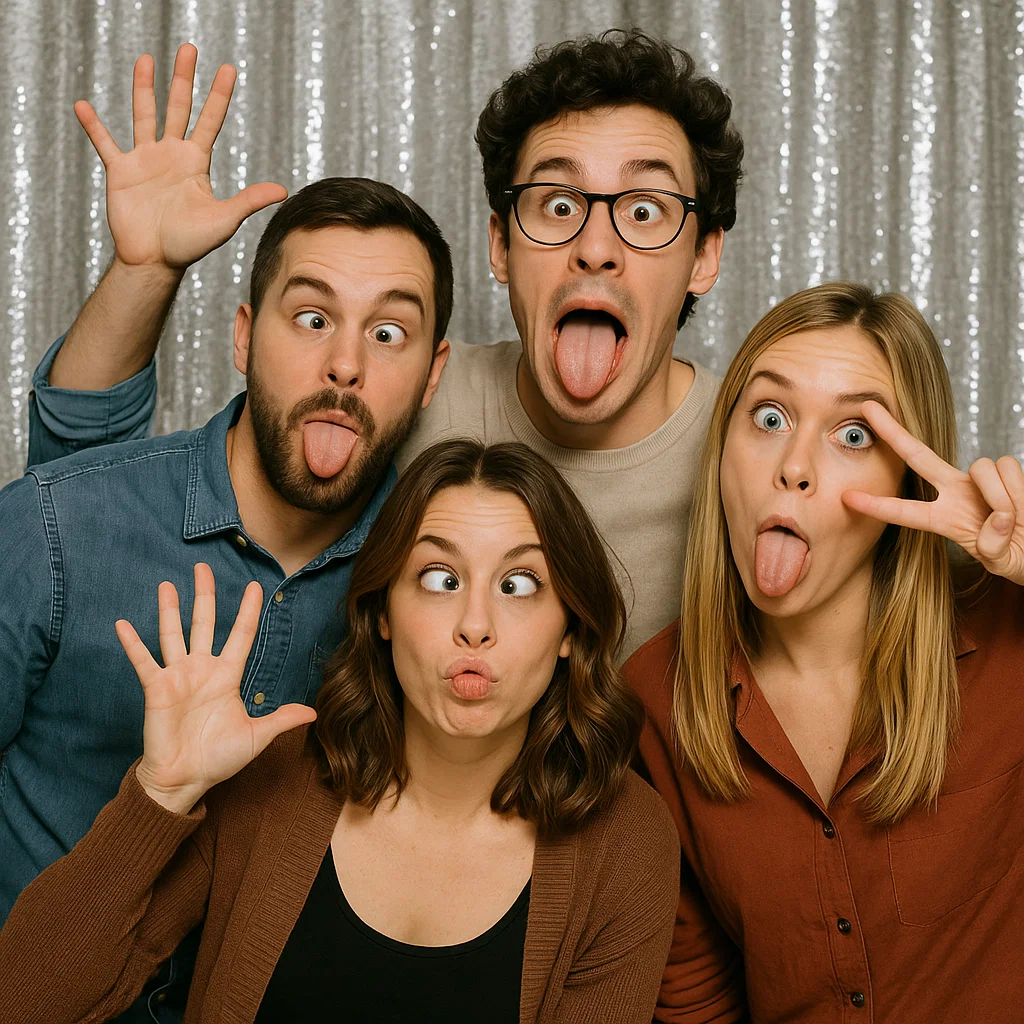Guests strike goofy poses in glow photo booth rental by Party Pros East Coast