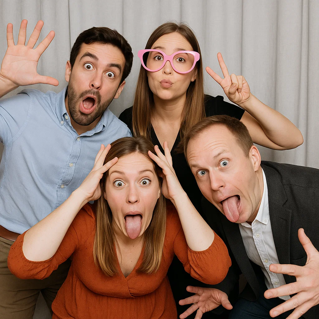 Guests strike neon wigs in vineyard photo booth rental by Party Pros East Coast