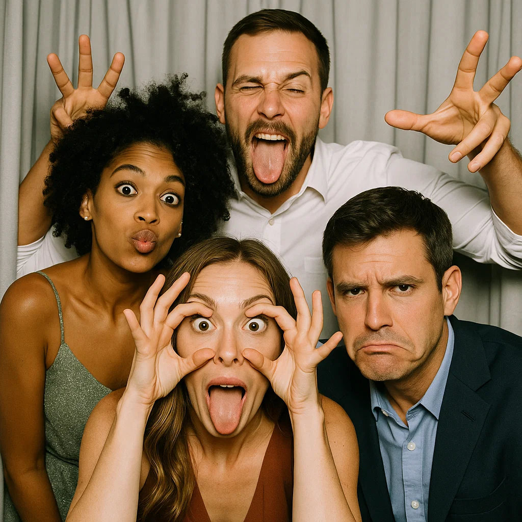 Guests strike prop mustaches in birthday photo booth rental by Party Pros East Coast
