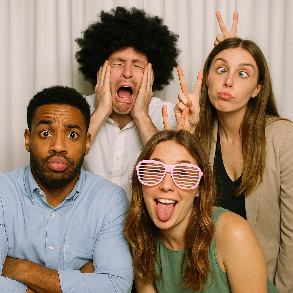 Guests strike giant sunglasses in enclosed cabin photo booth rental by Party Pros East Coast