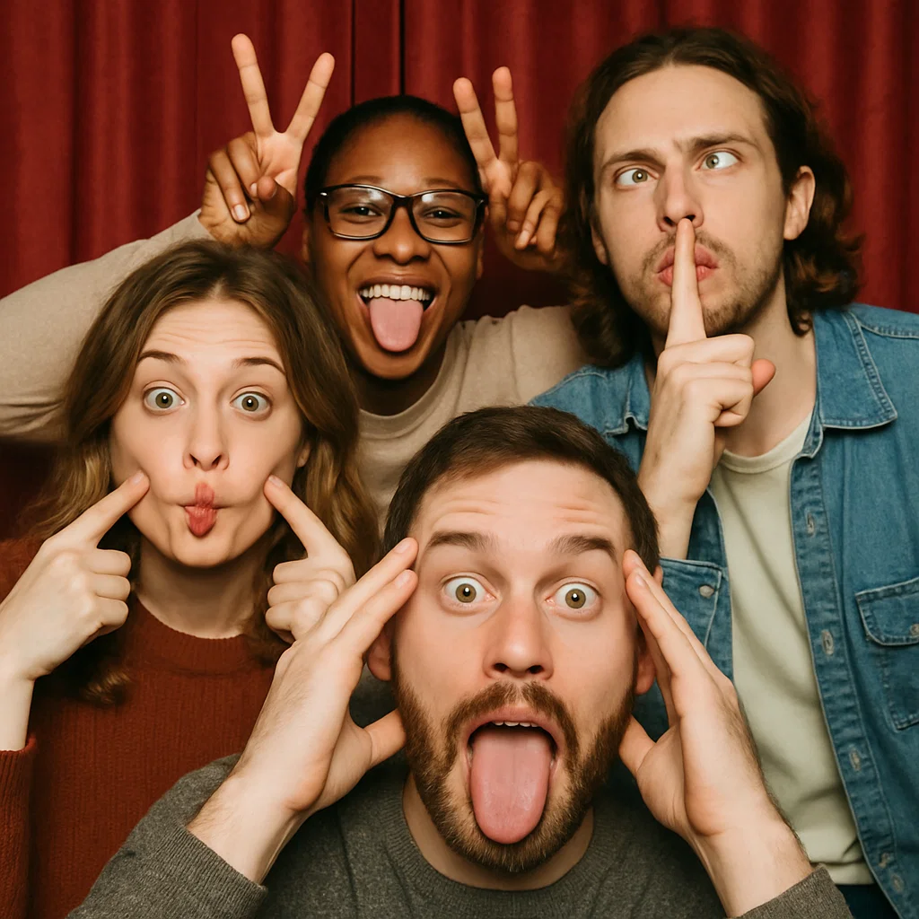 Guests strike neon wigs in selfie station photo booth rental by Party Pros East Coast