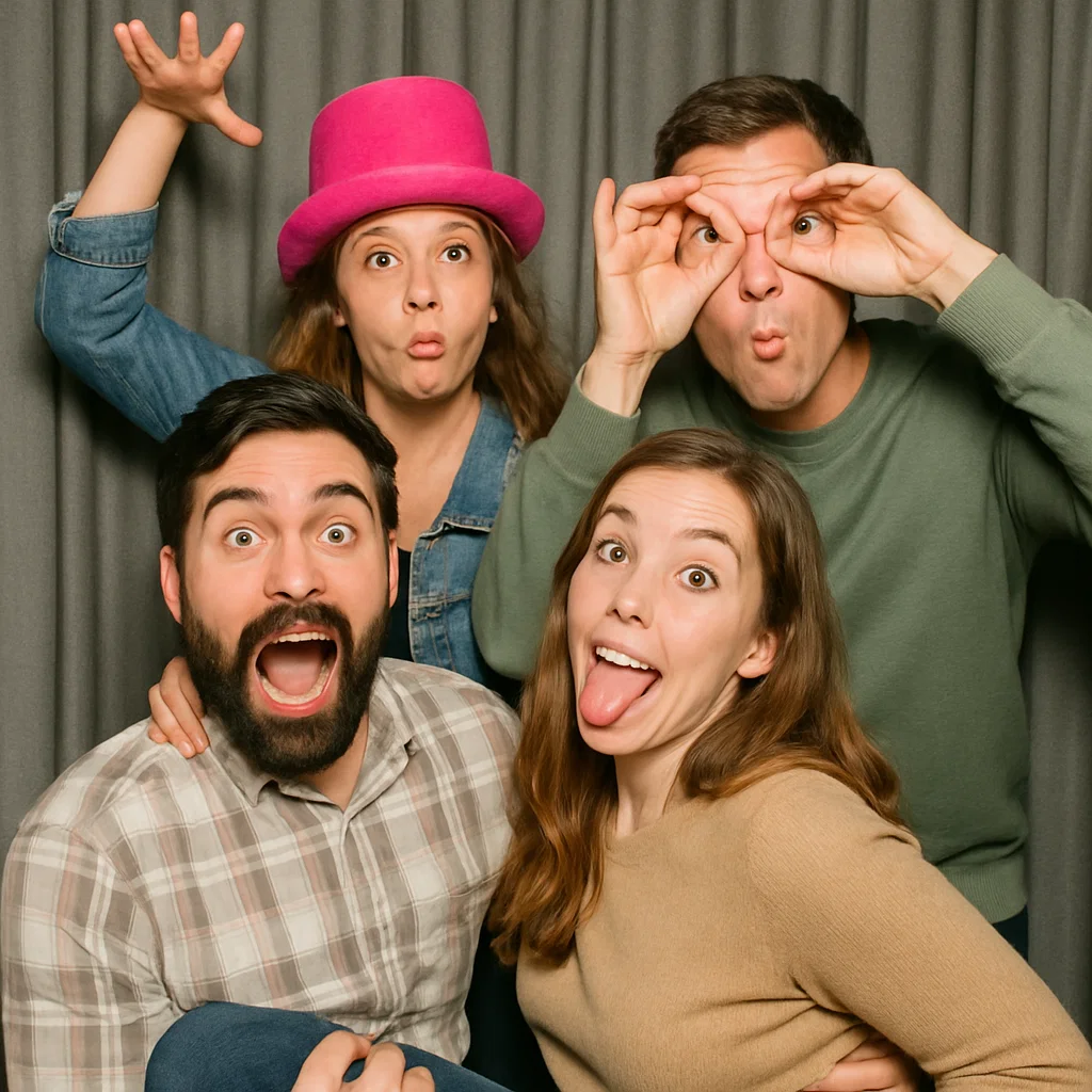 Guests strike heart hands in rustic photo booth rental by Party Pros East Coast