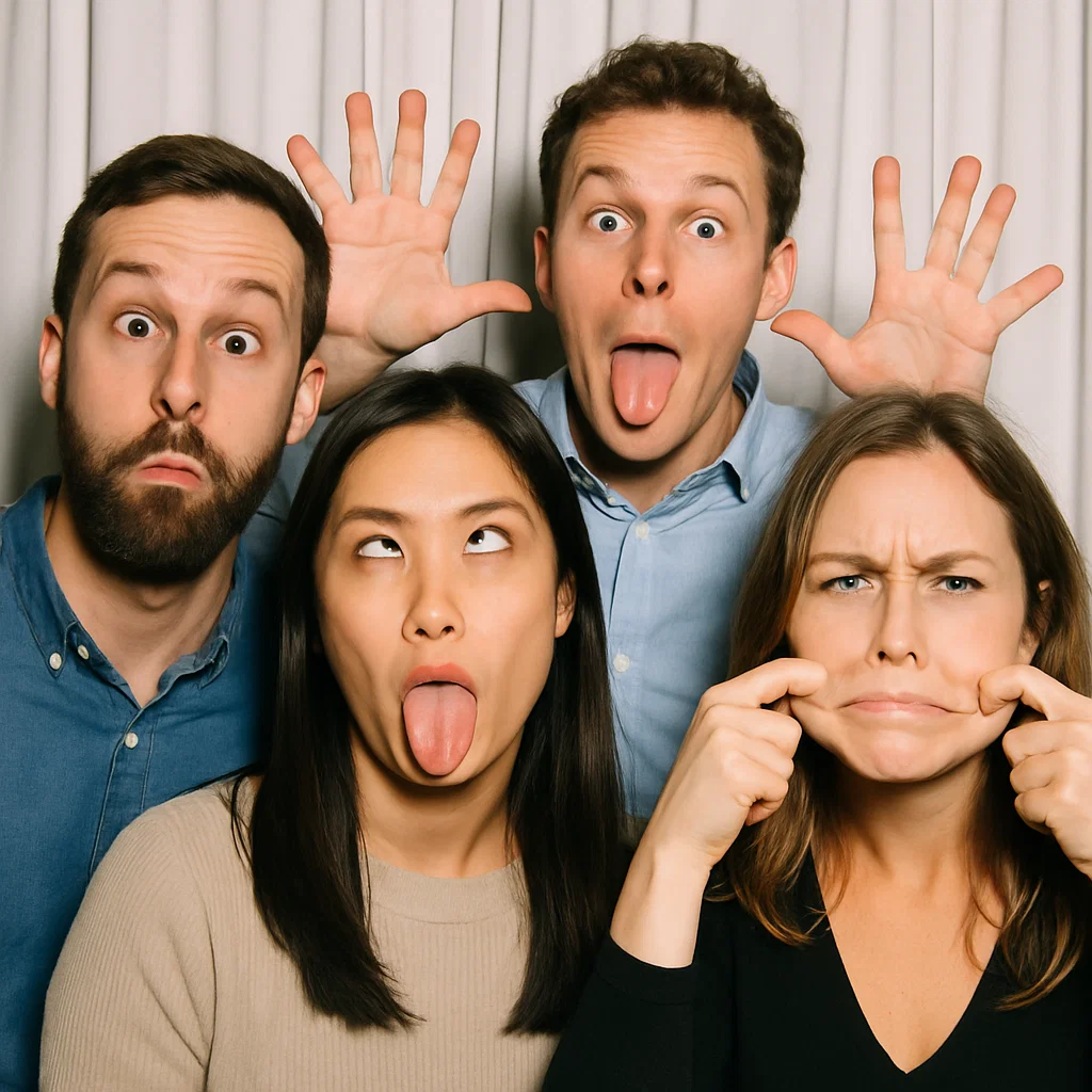Guests strike tongues out in neon-lit photo booth rental by Party Pros East Coast