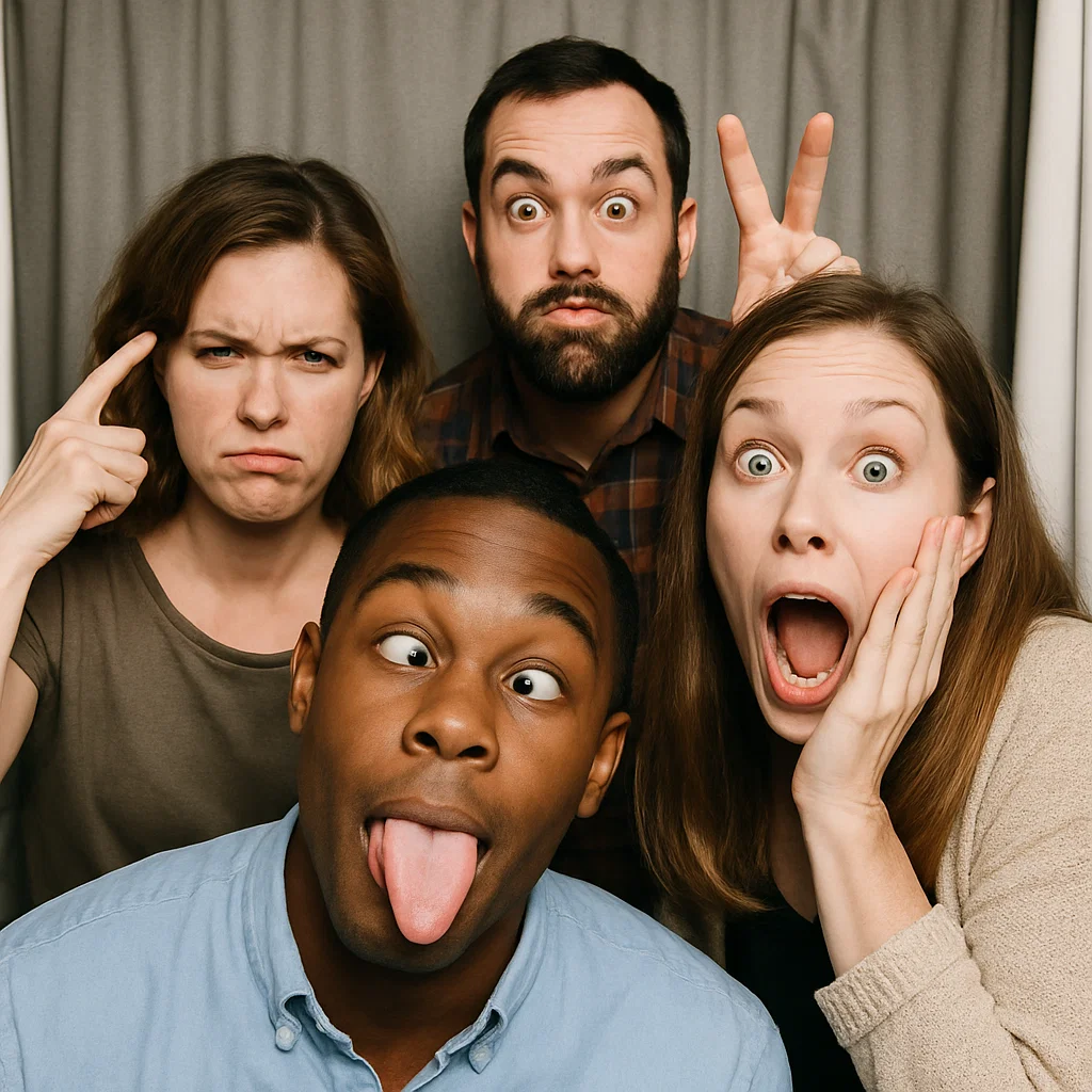 Guests strike jumping mid-air in tropical photo booth rental by Party Pros East Coast