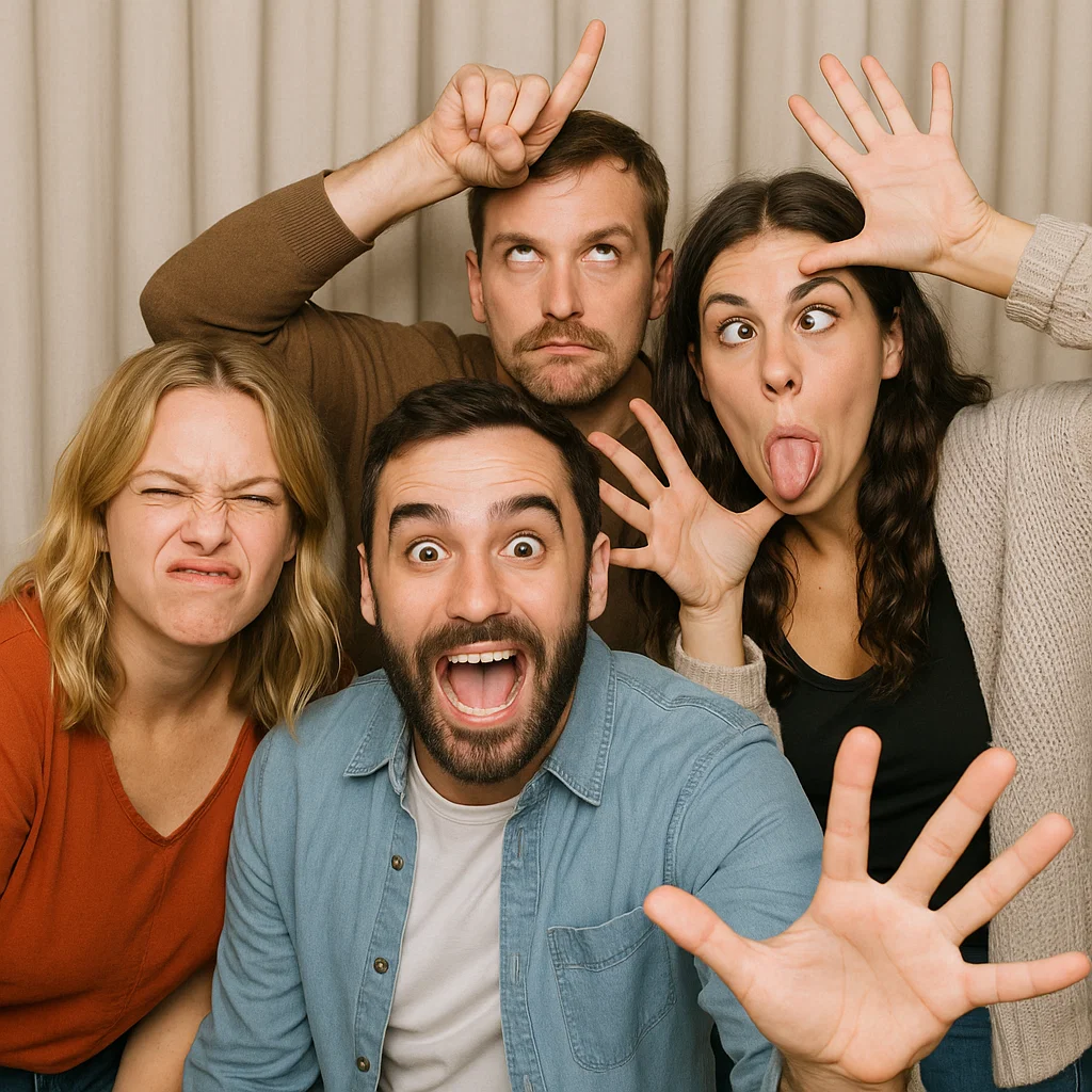 Guests strike silly props in beach photo booth rental by Party Pros East Coast