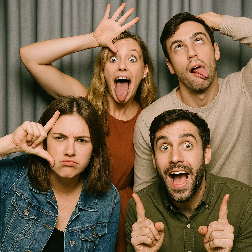 Guests strike giant sunglasses in vineyard photo booth rental by Party Pros East Coast