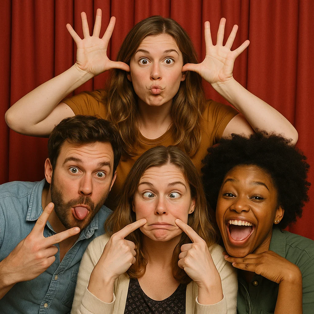 Guests strike back-to-back stances in corporate gala photo booth rental by Party Pros East Coast