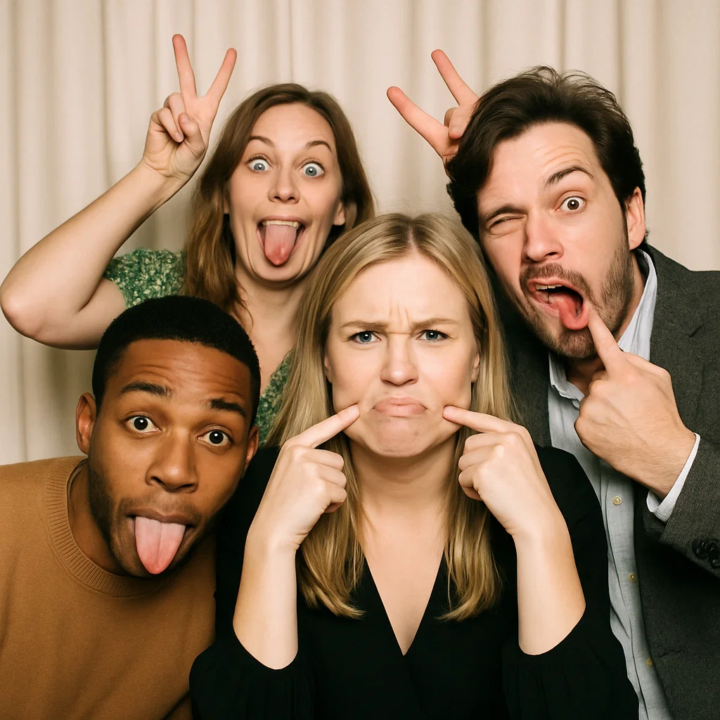 Guests strike jumping mid-air in birthday photo booth rental by Party Pros East Coast