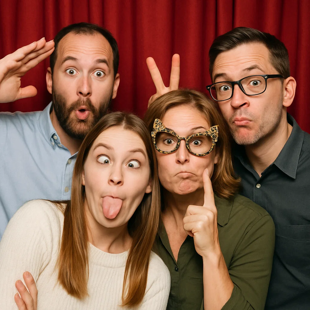 Guests strike hugging friends in anniversary photo booth rental by Party Pros East Coast