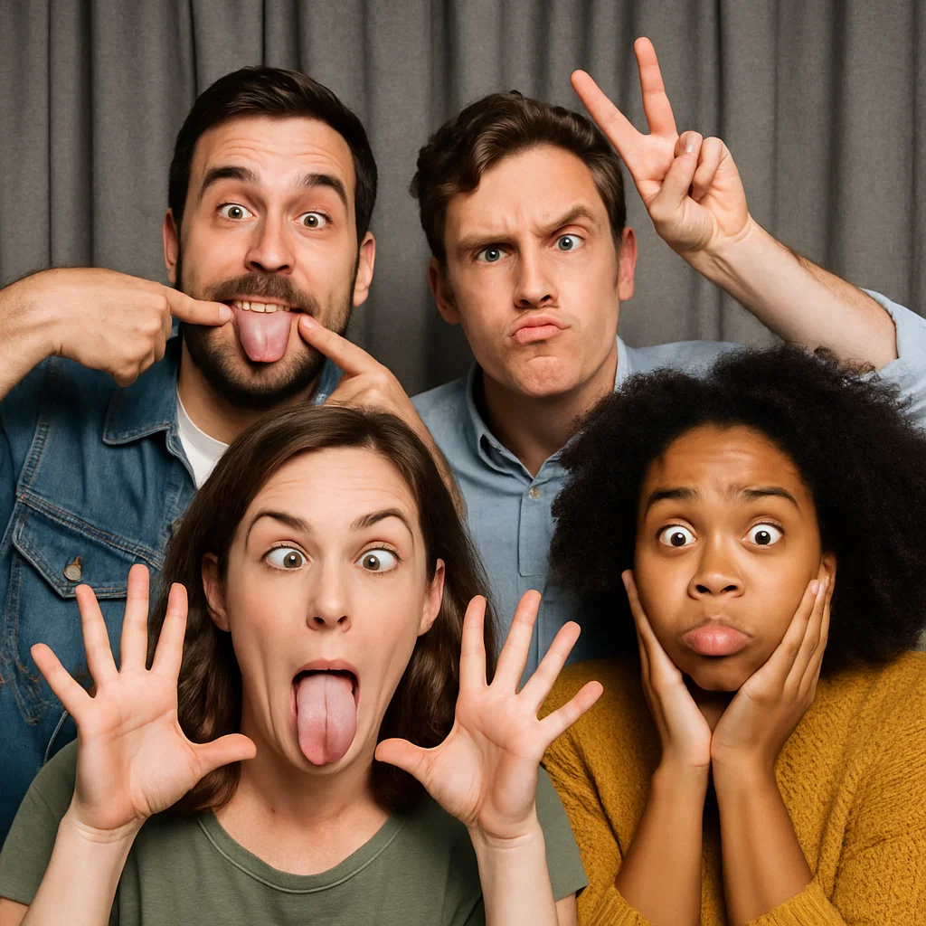 Guests strike oversized hats in reunion photo booth rental by Party Pros East Coast