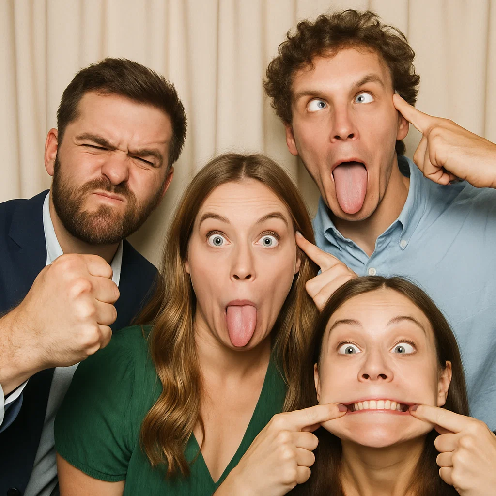 Guests strike peace signs in open-air photo booth rental by Party Pros East Coast