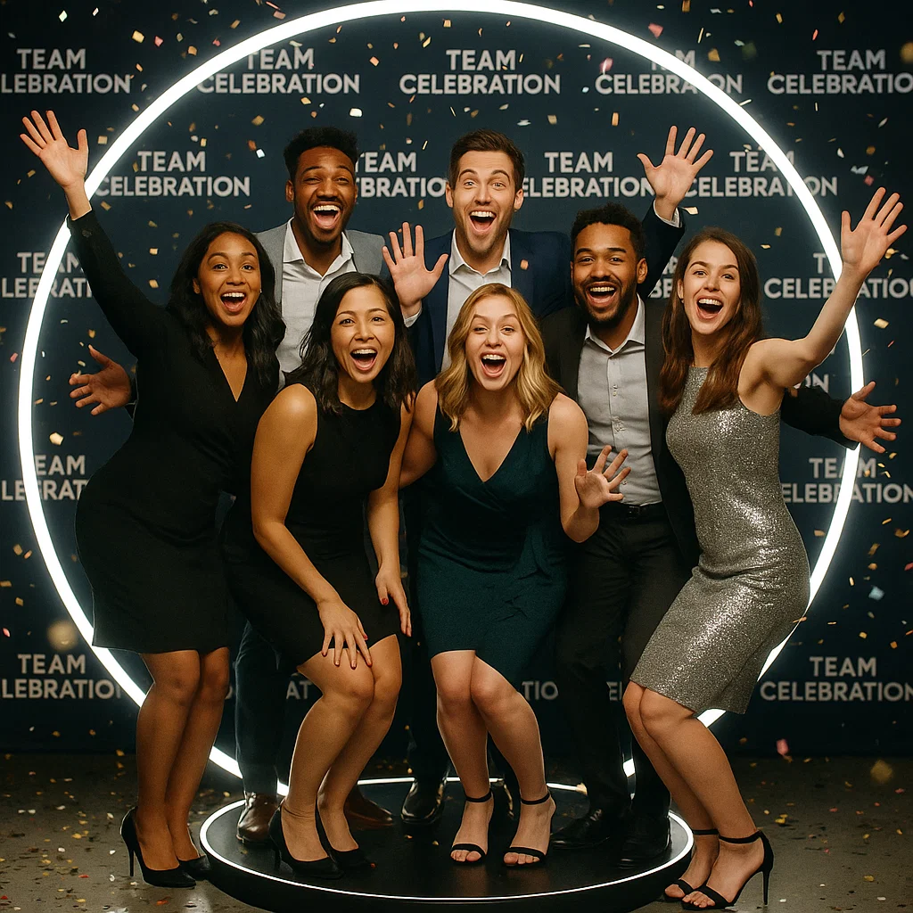 360 photo booth capturing slow-motion video with branded overlays