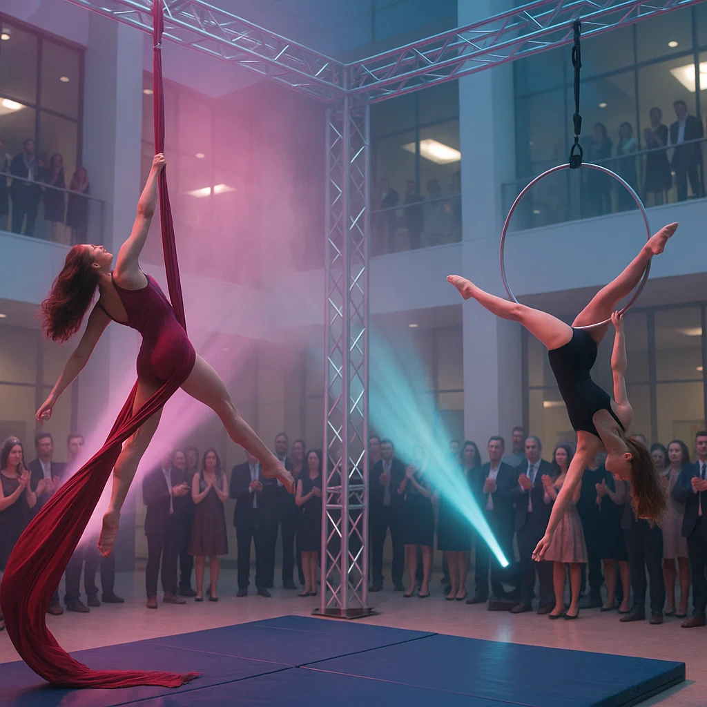 Aerialists on silks performing at a corporate reception