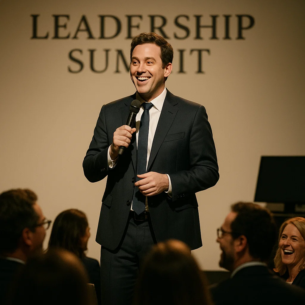 Corporate comedian on stage between conference segments