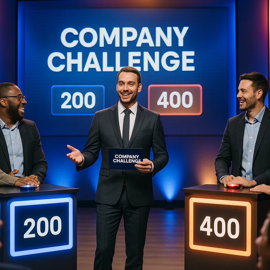 Corporate game show with host, buzzers, and scoreboard