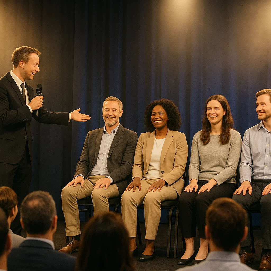 Corporate hypnotist show with volunteers on stage