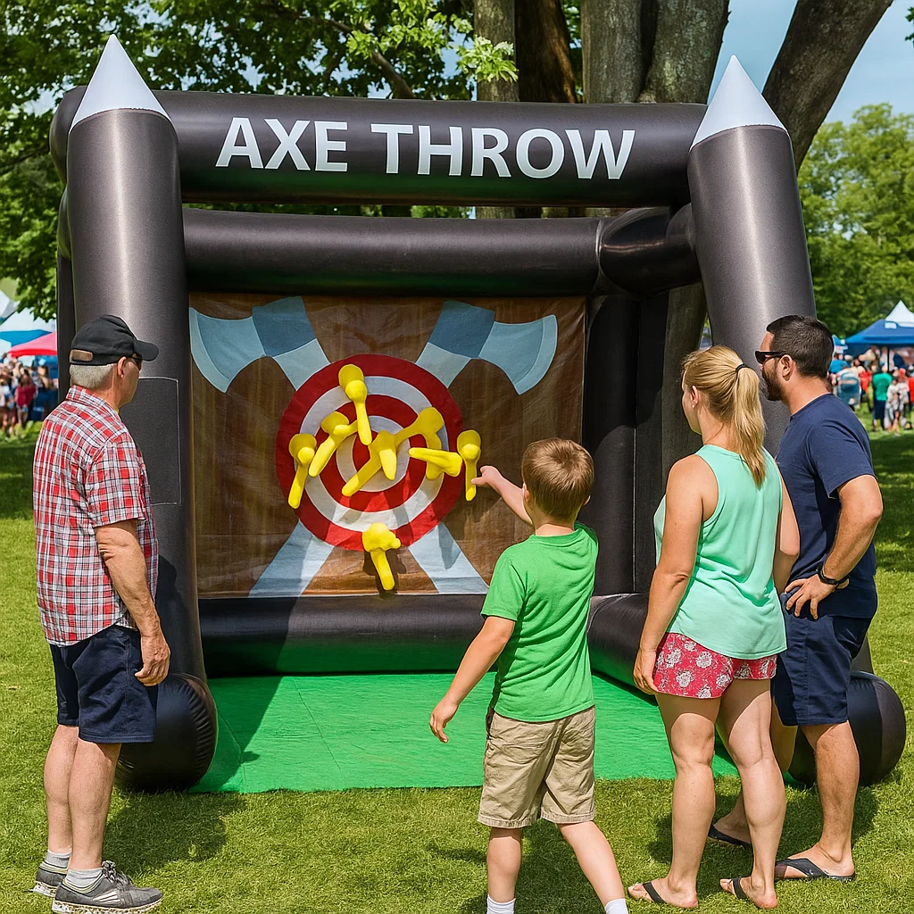 with soft foam axes; crowd-pleasing interactive game.