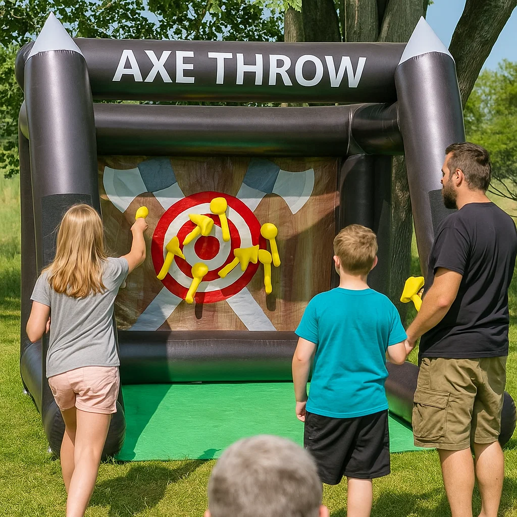 with soft foam axes; crowd-pleasing interactive game.