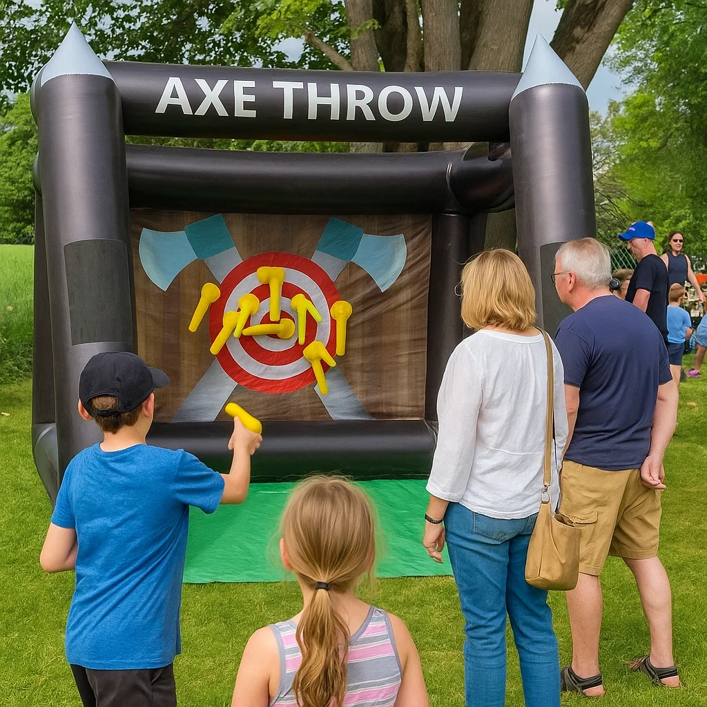 with soft foam axes; high-throughput party activity.