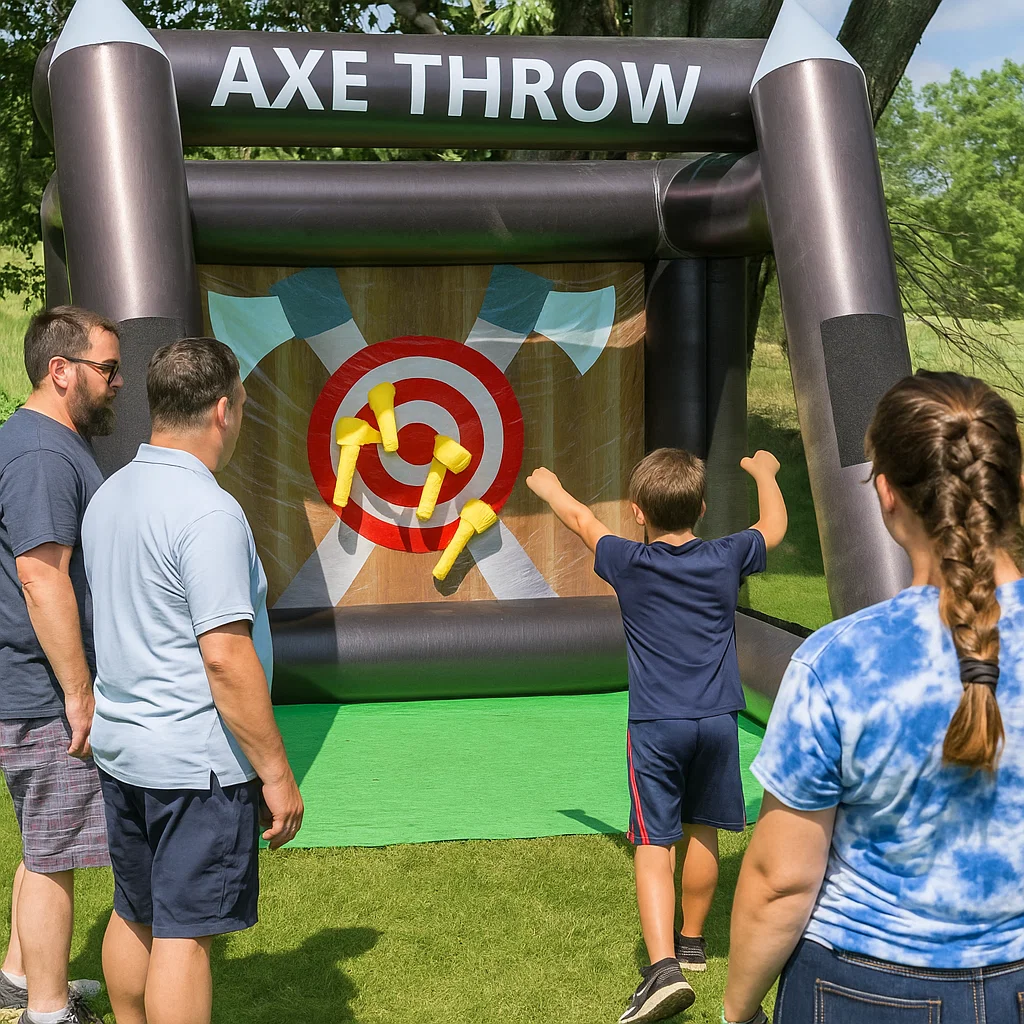 with queuing space and stanchions; high-throughput party activity.