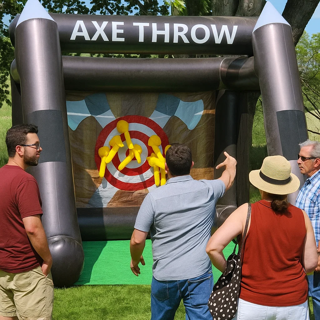 with queuing space and stanchions; high-throughput party activity.