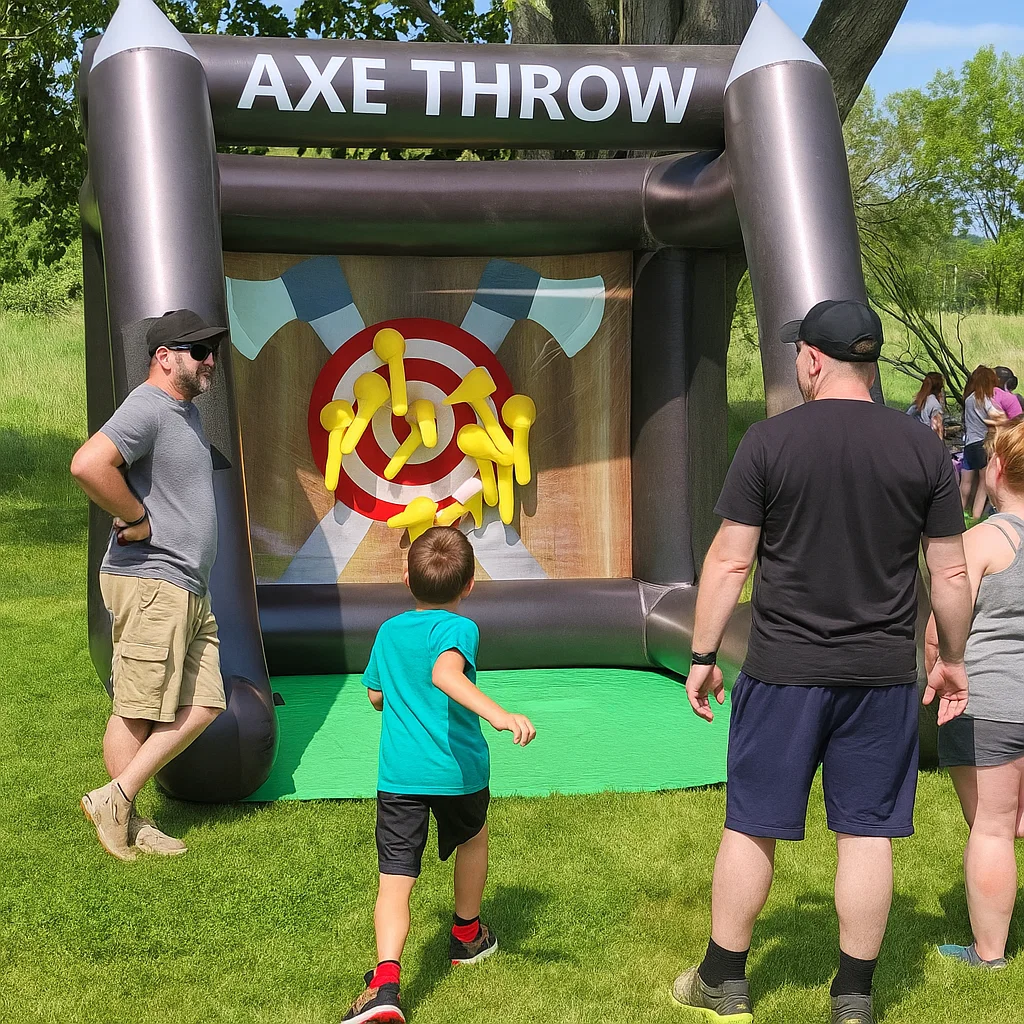 Inflatable axe throwing attraction rental for family fun days