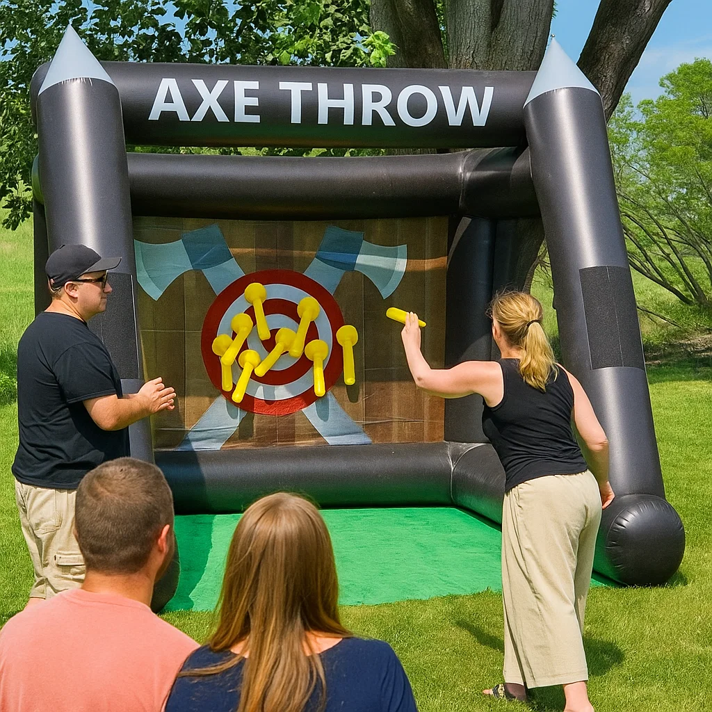 with soft foam axes; adds a competitive challenge.