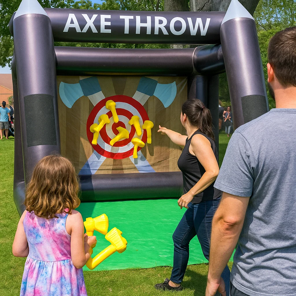 Portable inflatable axe throwing rental for team-building
