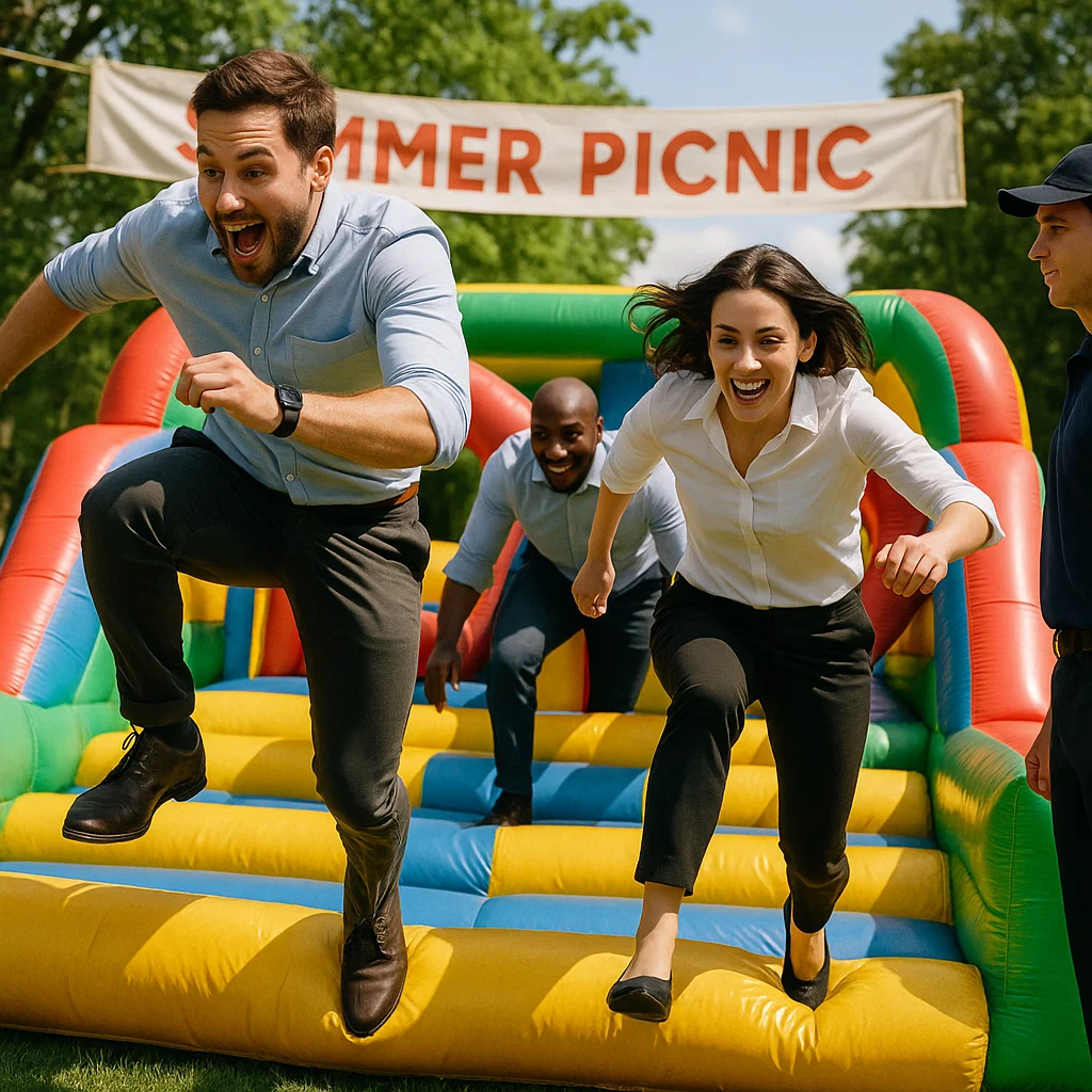 Inflatable obstacle course with parallel race lanes for corporate events