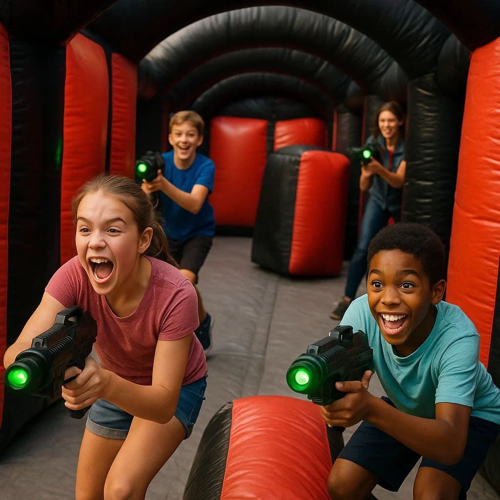 Laser tag rentals — kids sprinting through a portable arena