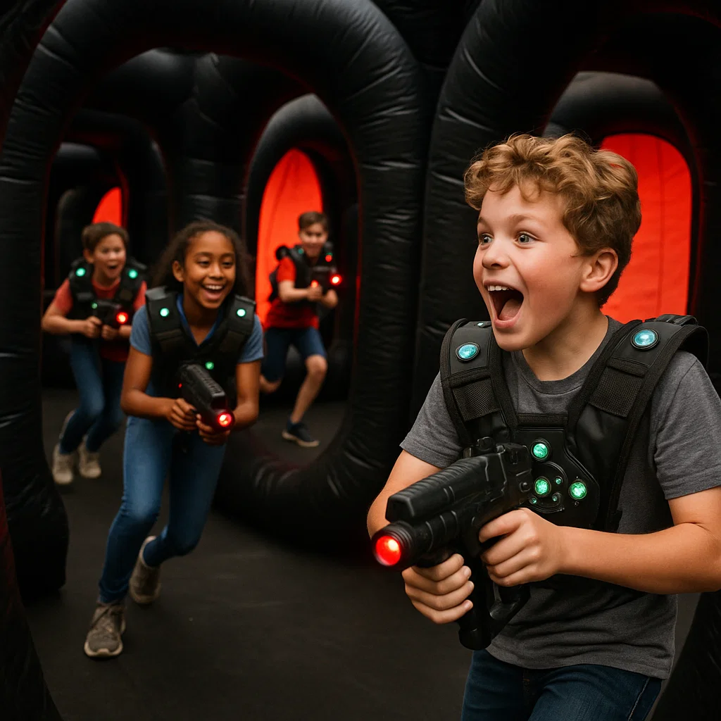 Laser tag rentals — teens ducking behind inflatable bunkers