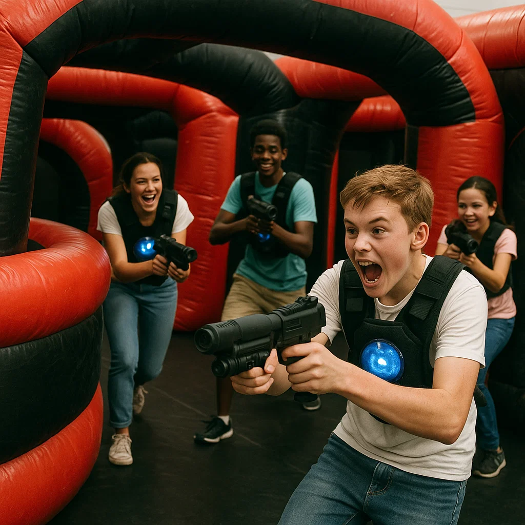 Laser tag rentals — staff briefing players before the round