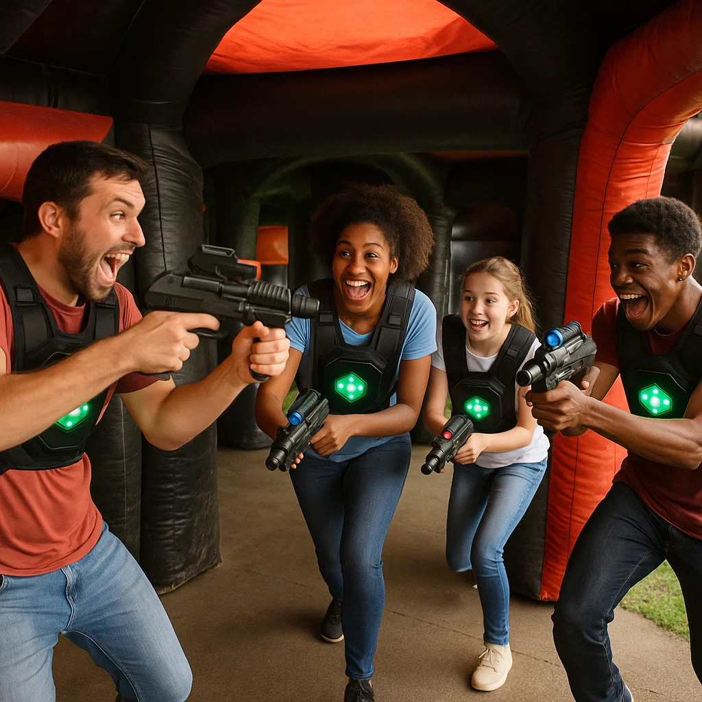 Laser tag rentals — two friends aiming across a bunker lane