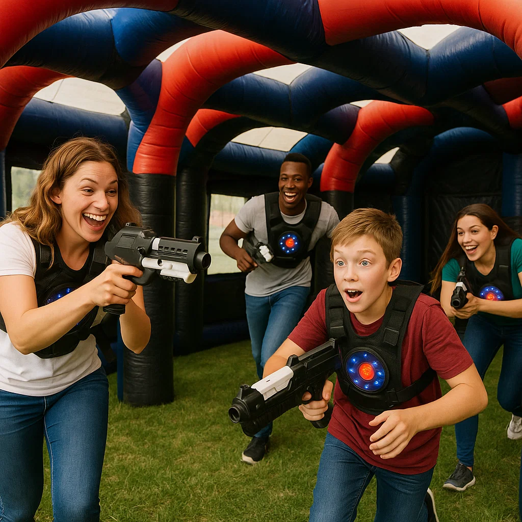 Laser tag rentals — players tagging sensors in close quarters
