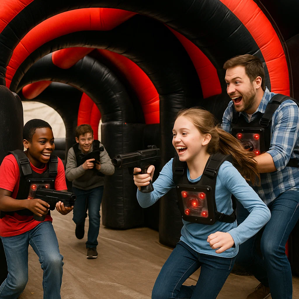 Laser tag rentals — teammates huddle to plan strategy