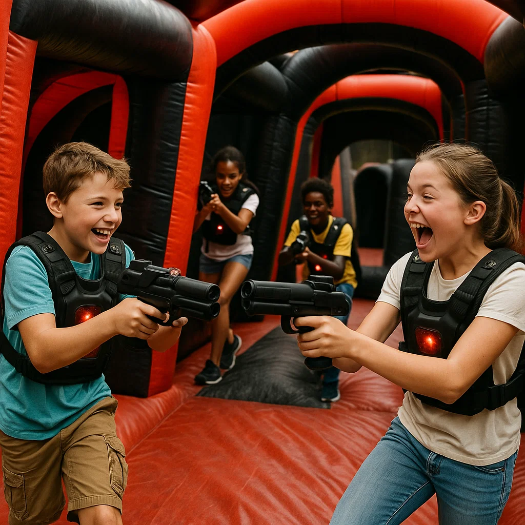 Laser tag rentals — high-five celebration between rounds
