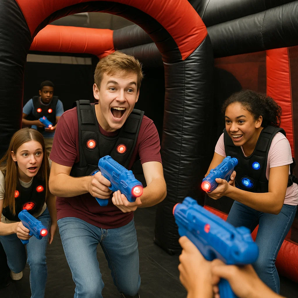 Laser tag rentals — kids weaving through inflatable maze