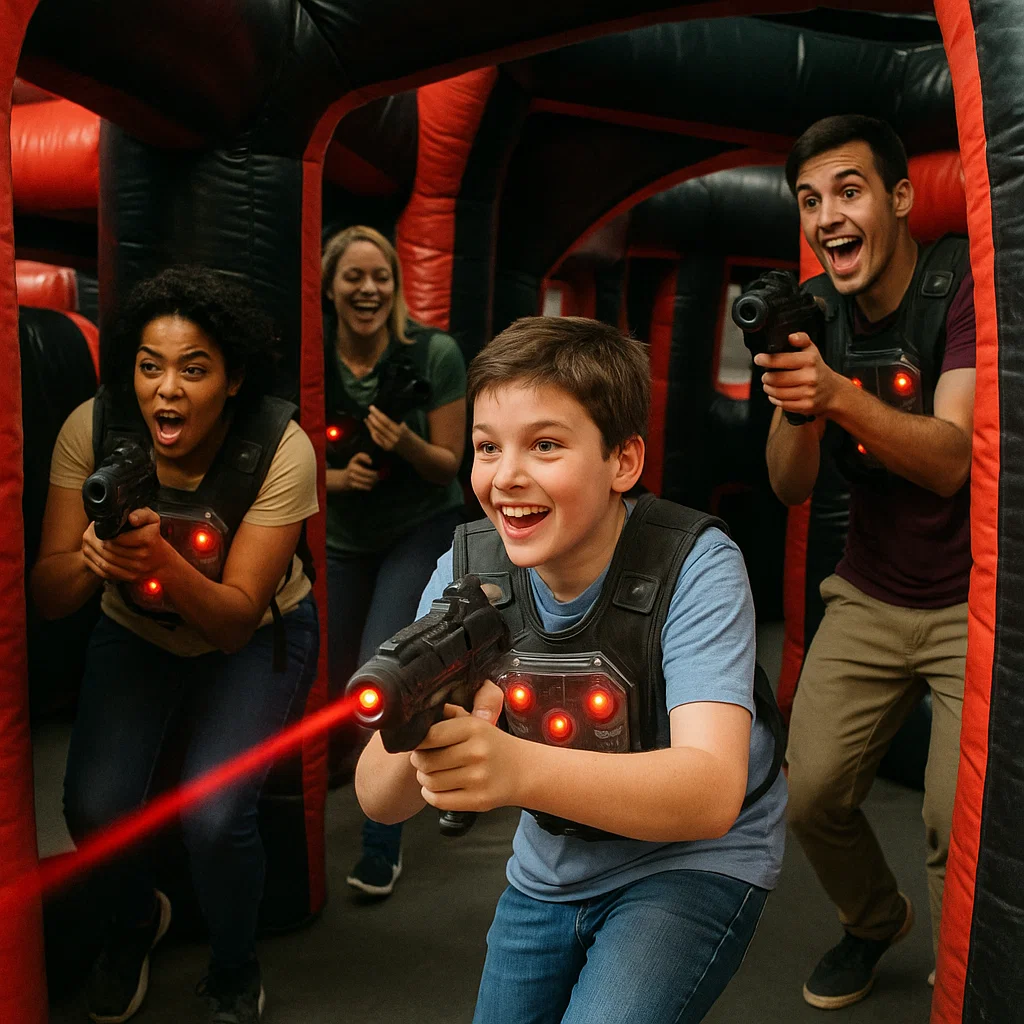 Laser tag rentals — action shot with big smiles