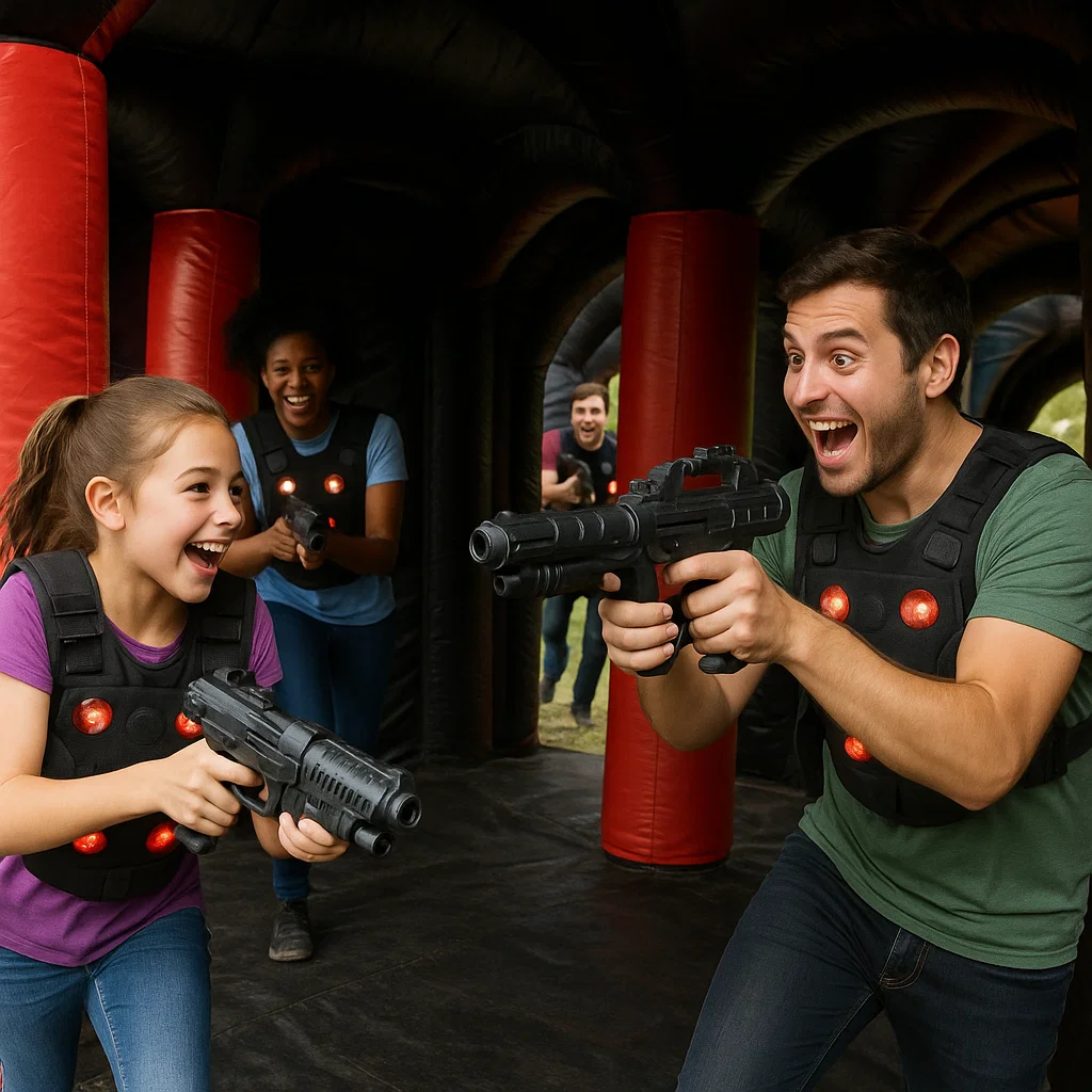 Laser tag rentals — victory pose with taggers raised