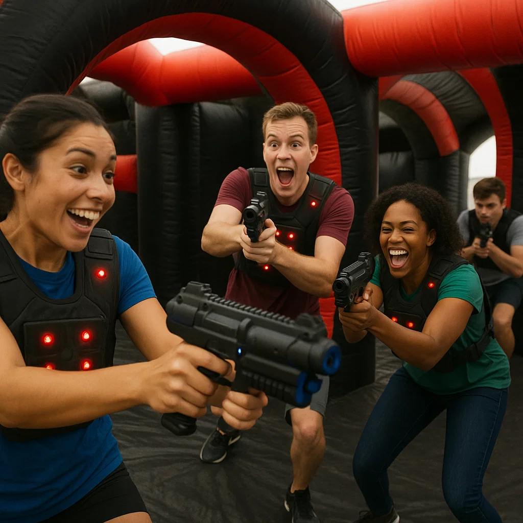 Laser tag rentals — tagger beam pointed at base target