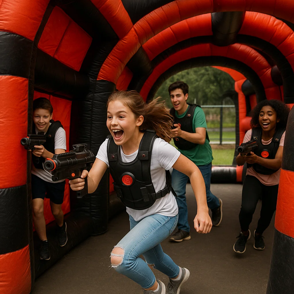 Laser tag rentals — sliding behind a bunker to reload