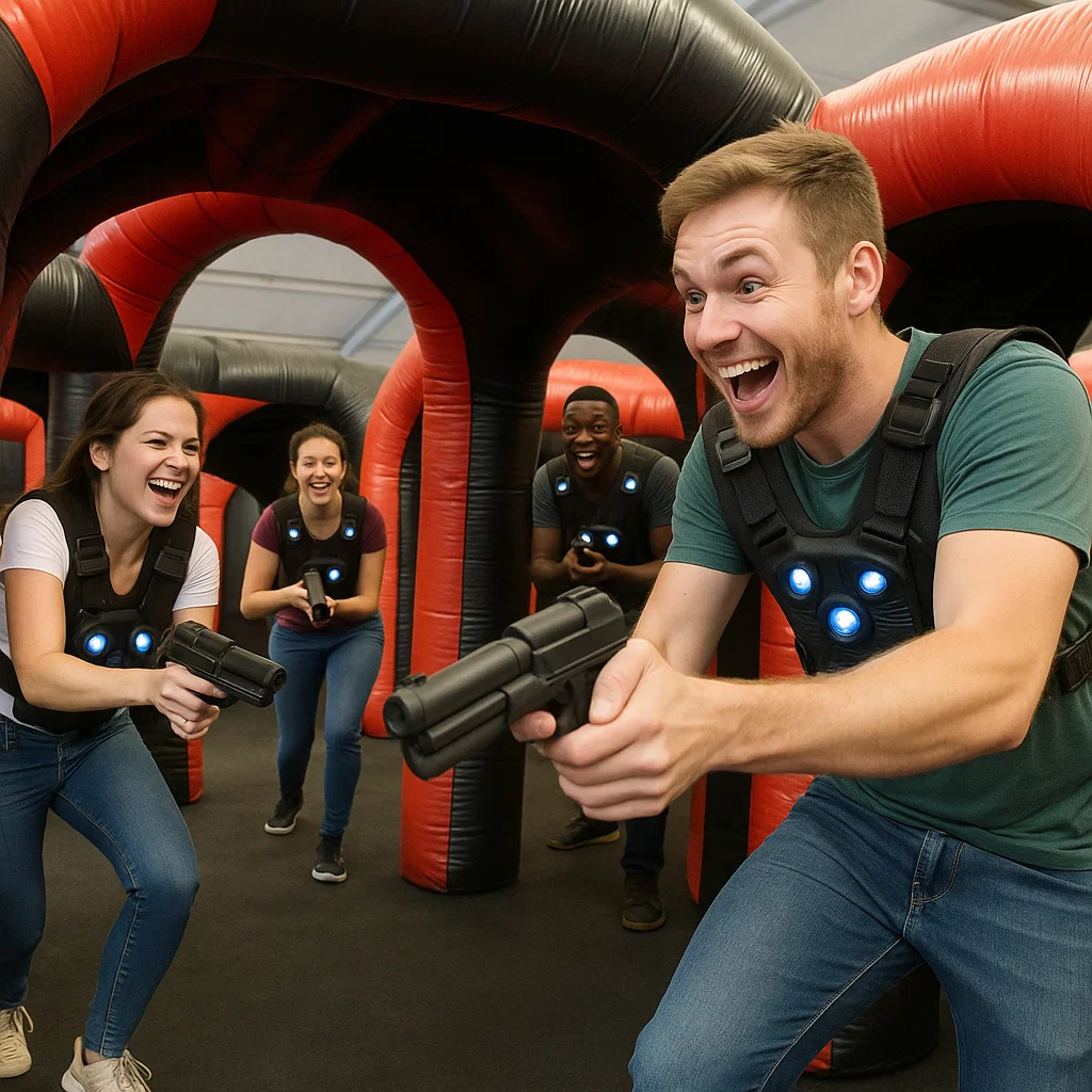 Laser tag rentals — staff sanitizing gear between matches